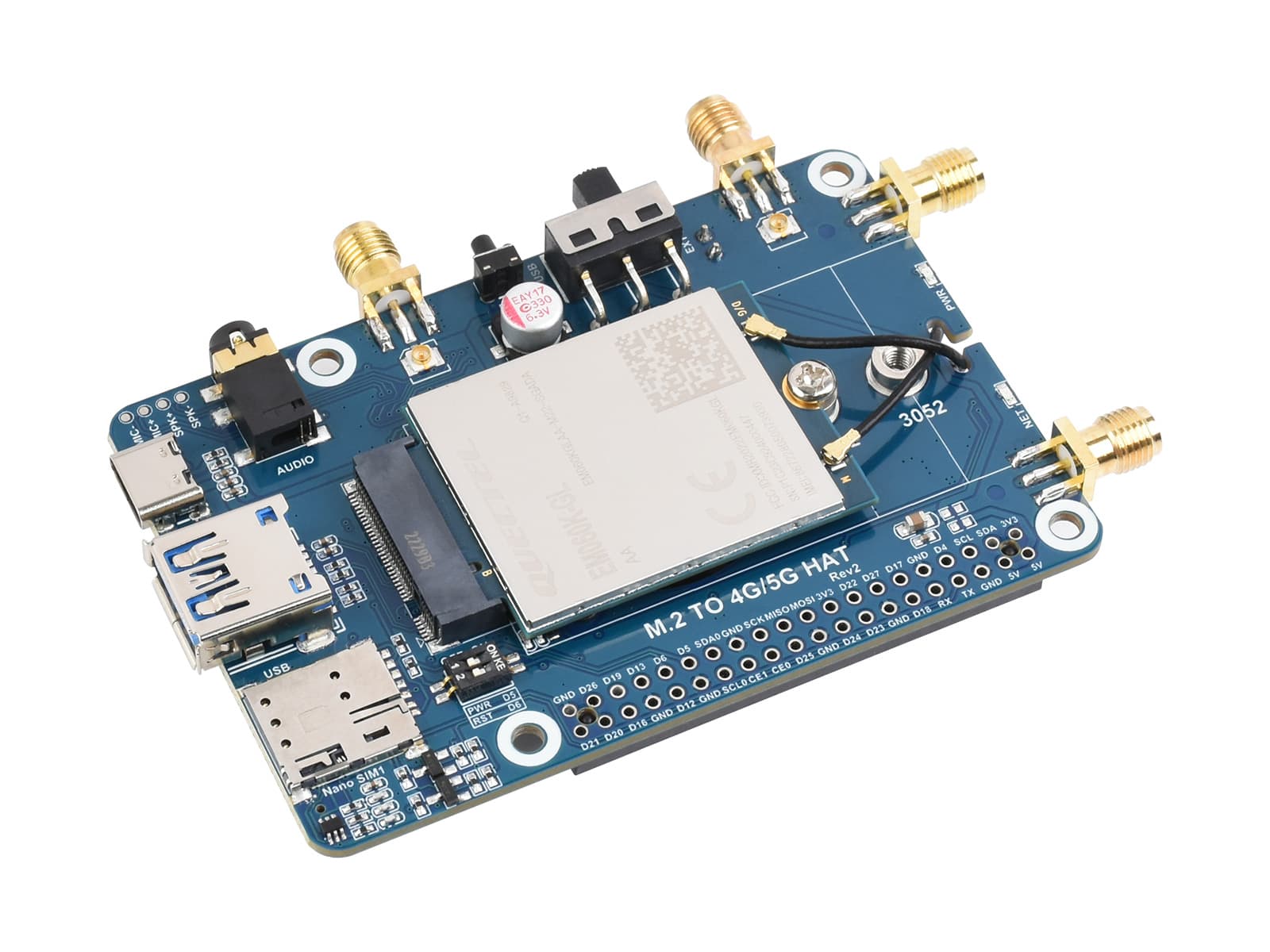 Raspberry Pi LTE Cat 6 Communication HAT, глобальный многодиапазонный LTE-A, GNSS-позиционирование, поставляется с модулем EM060K-GL — фото 2