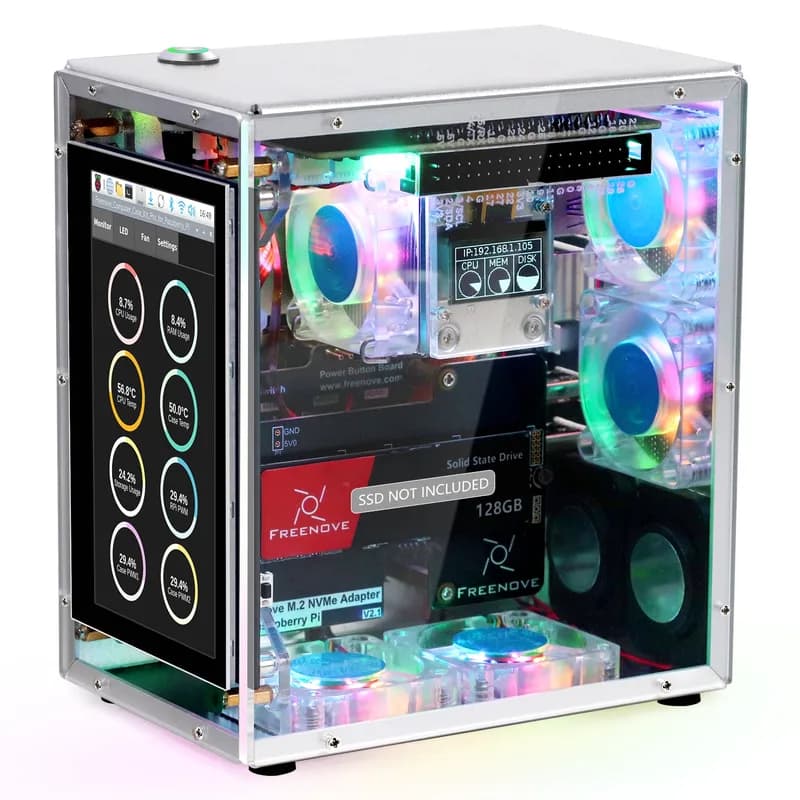 Комплект корпуса Freenove Raspberry Pi 5 Pro, 2/4 слота M.2 NVMe SSD, 5 вентиляторов PWM ARGB, сенсорный экран 4,3 дюйма, стереодинамики, аудиоразъем 3,5 мм