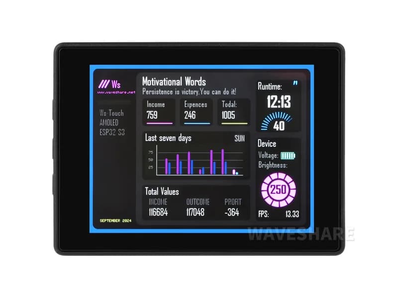 Макетная плата ESP32-S3 — сенсорный AMOLED-дисплей 2,4 дюйма, акселерометр и гироскоп