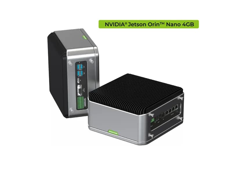 reServer Industrial J3010 — безвентиляторный NVR-сервер с поддержкой AI и модулем NVIDIA Jetson Orin Nano 4 ГБ, алюминиевый корпус с пассивным охлаждением, 5xRJ45 GbE с PoE, 2 отсека для 2,5-дюймовых жестких дисков/твердотельных накопителей, 1xRS232/RS422/RS485, 4xDI/DO, 1xCAN, предустановленные Система ДжетПак