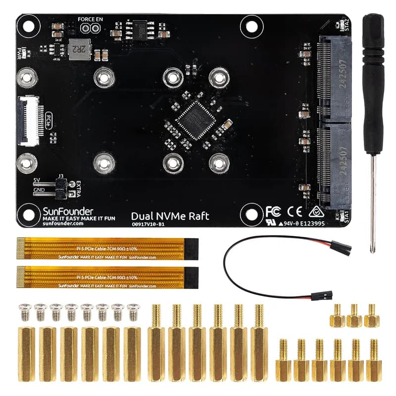 SunFounder Dual NVMe Raft для Raspberry Pi 5 PCIe Gen 2.0–M.2 HAT Key-M SSD Hailo-8L AI Accelerator PIP M.2 2230/2242/2260/2280, NAS RAID 0/1, руководство (не совместимо с серией Pironman)