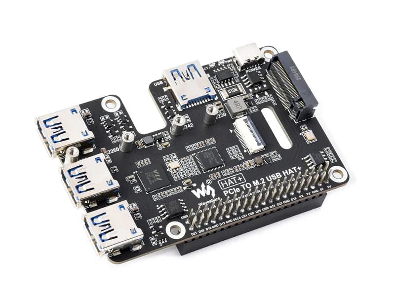 PCIe для USB 3.2 Gen 1 и M.2 HAT для Raspberry Pi 5, поддерживает твердотельный накопитель по протоколу NVMe, расширяет 4-канальные порты USB 3.2, высокоскоростное чтение/запись, стандарт HAT+